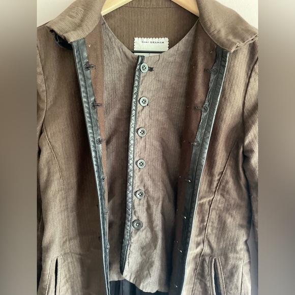 Gary Graham Brown Layered Multi-Button Jacket Black Leather Trim Size 2 - Picture 8 of 10